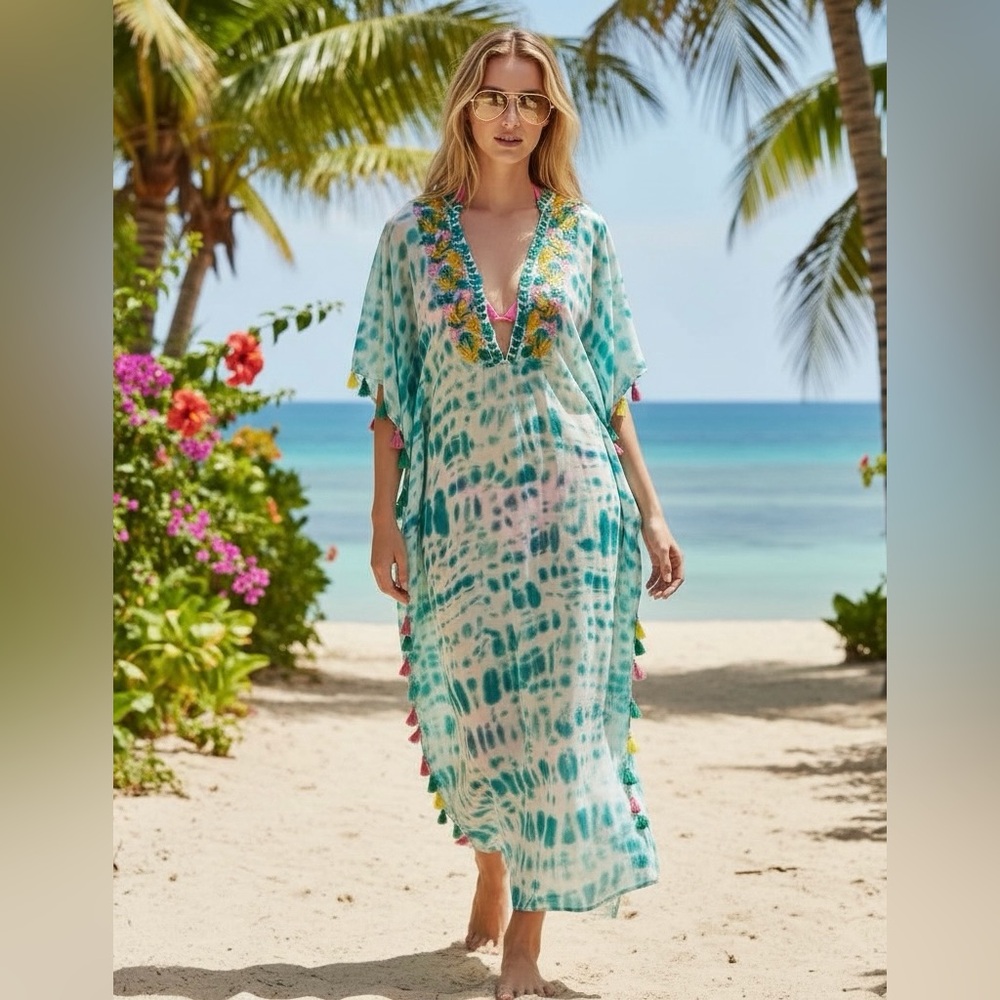 Violet Sky Small Swim Cover Up Embroidered Tassel Tie Dye‎ Beach Resort Maxi